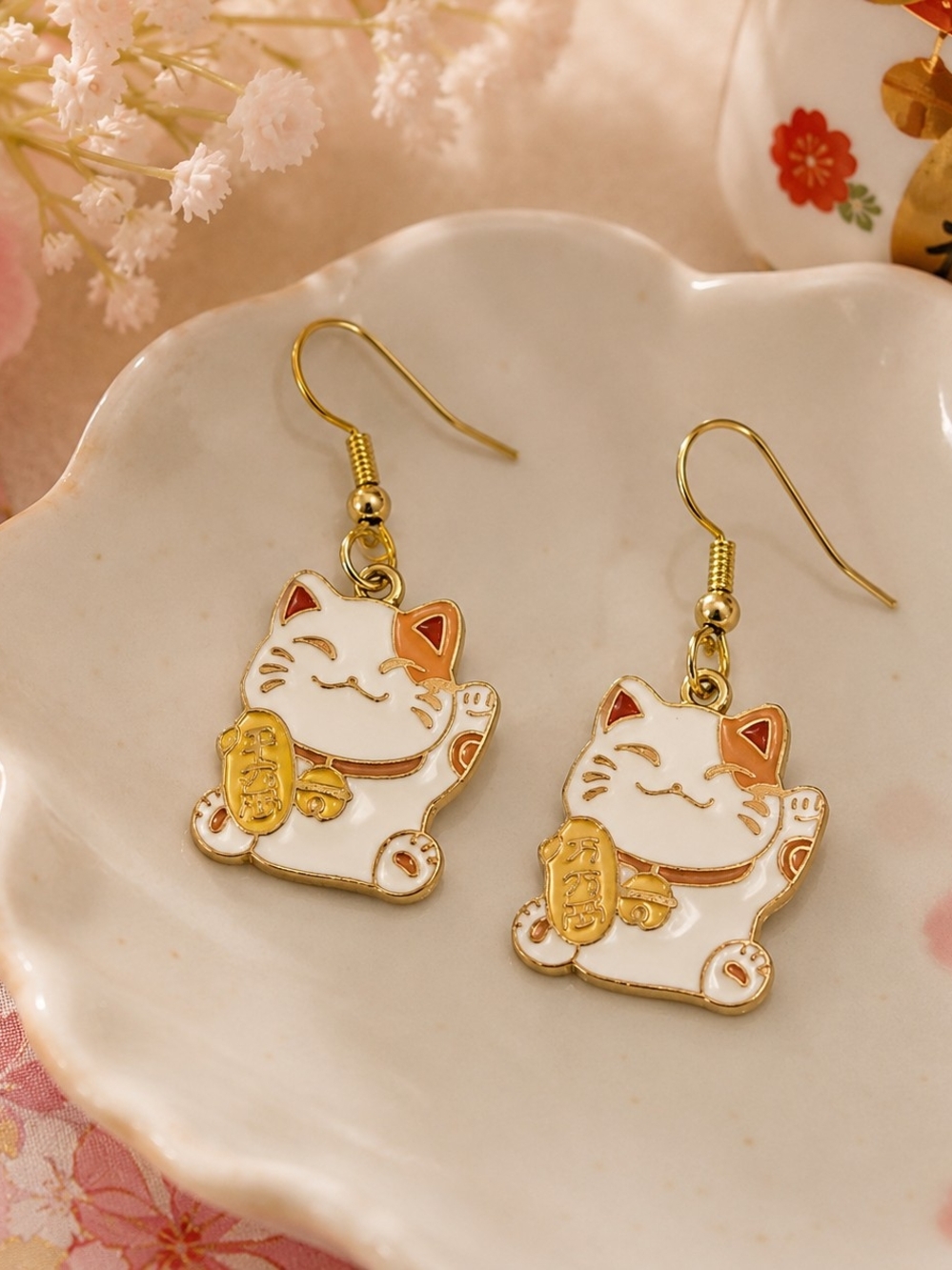 Lucky Cat (Maneki-Neko) Gold Tone Dangle Earrings | NEW